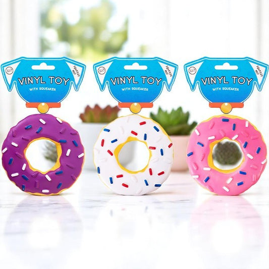 VINYL SQUEAKY DONUT DOG TOY